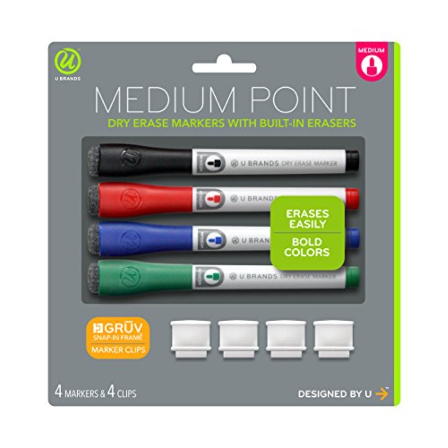 Whiteboard Marker Set - ปากกาไวท์บอร์ดหัวเล็กพร้อมยางลบ, ปากกาไวท์บอร์ดพร้อมคลิปหนีบ, กลิ่นน้อย, หลากสี, ชุด 4